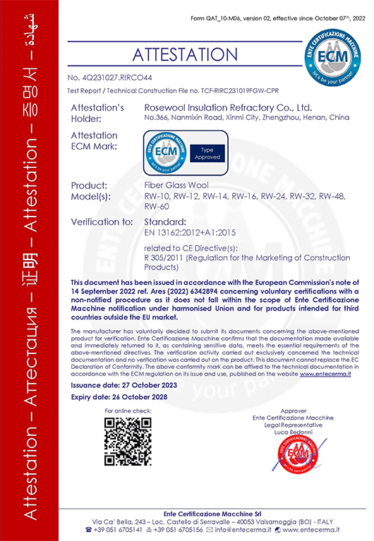 Certificate of Honor for Glass Fiber Cotton